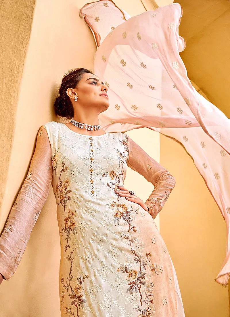 Peach Chikankari Embroidered Pant Style Suit