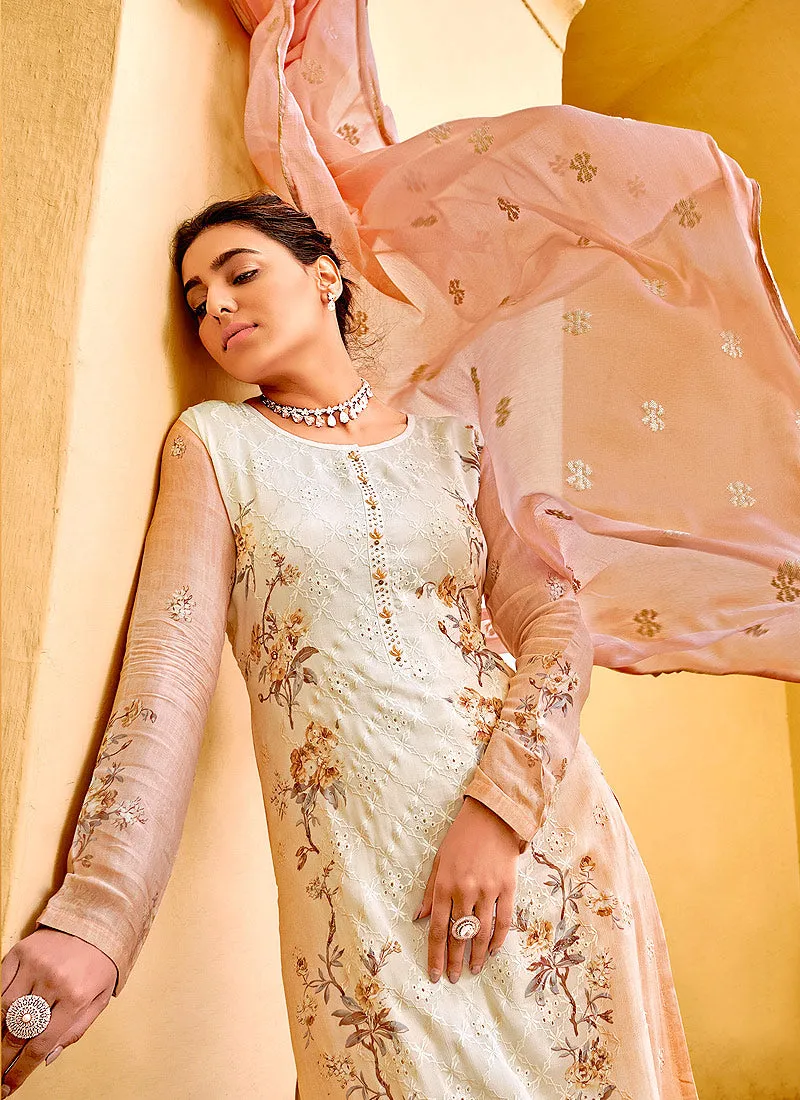 Peach Chikankari Embroidered Pant Style Suit