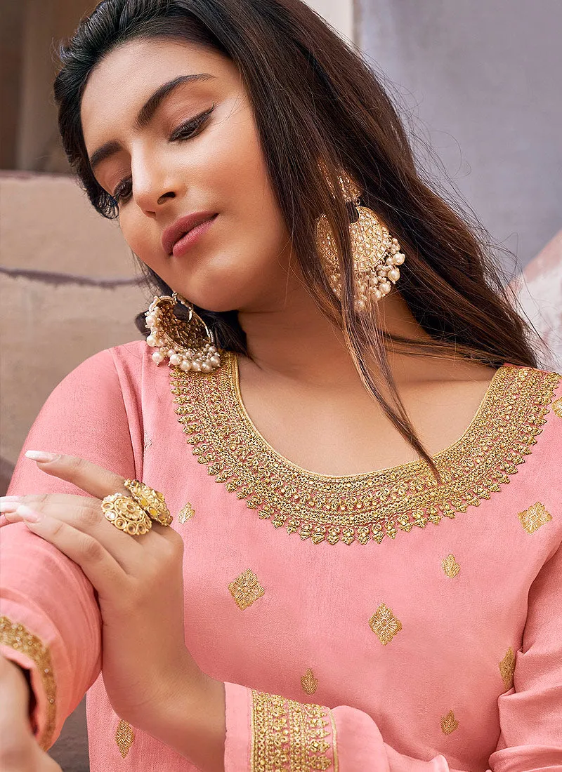 Peach Golden Zari Embroidered Wedding Palazzo Suit