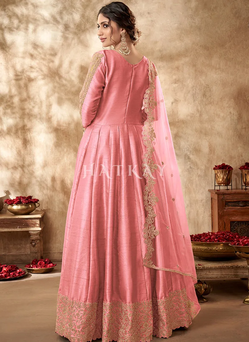 Peach Zari Embroidered Traditional Silk Anarkali