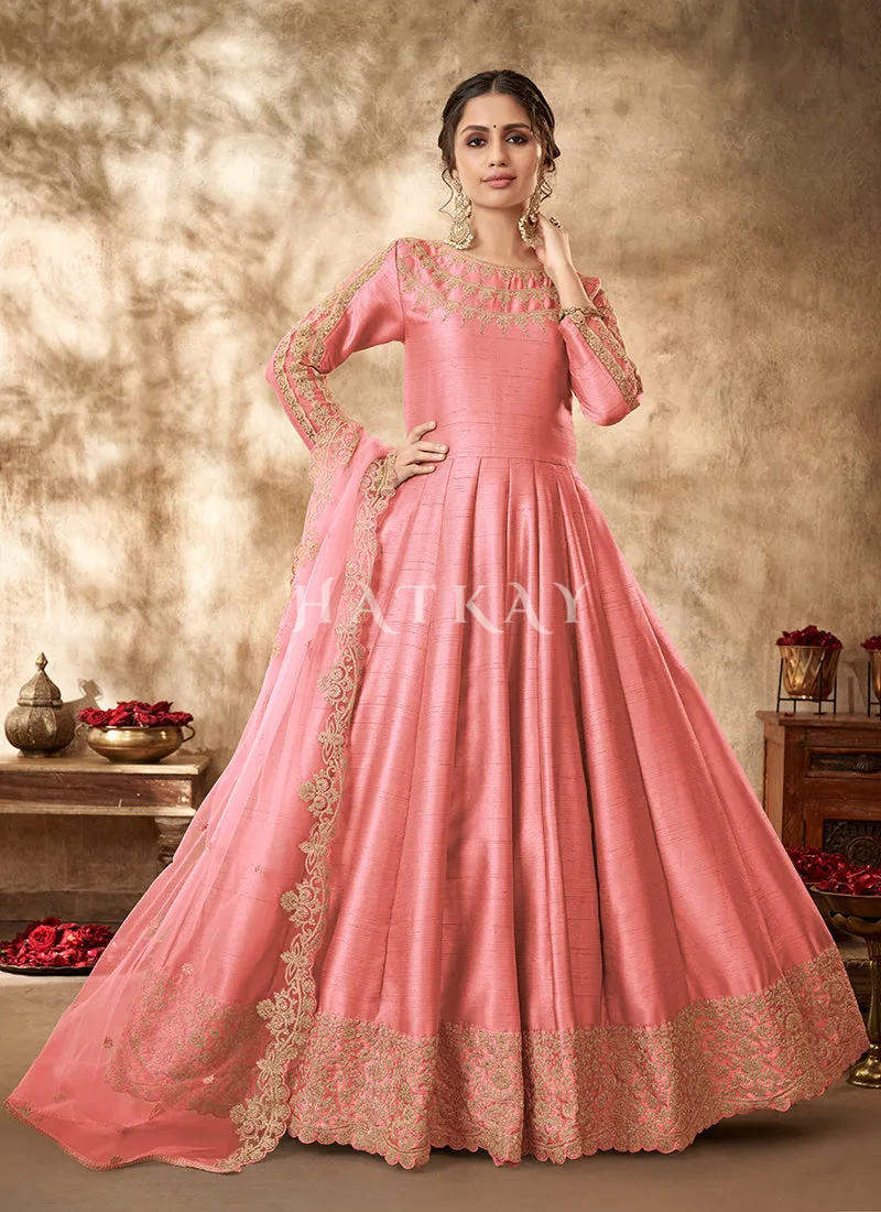 Peach Zari Embroidered Traditional Silk Anarkali