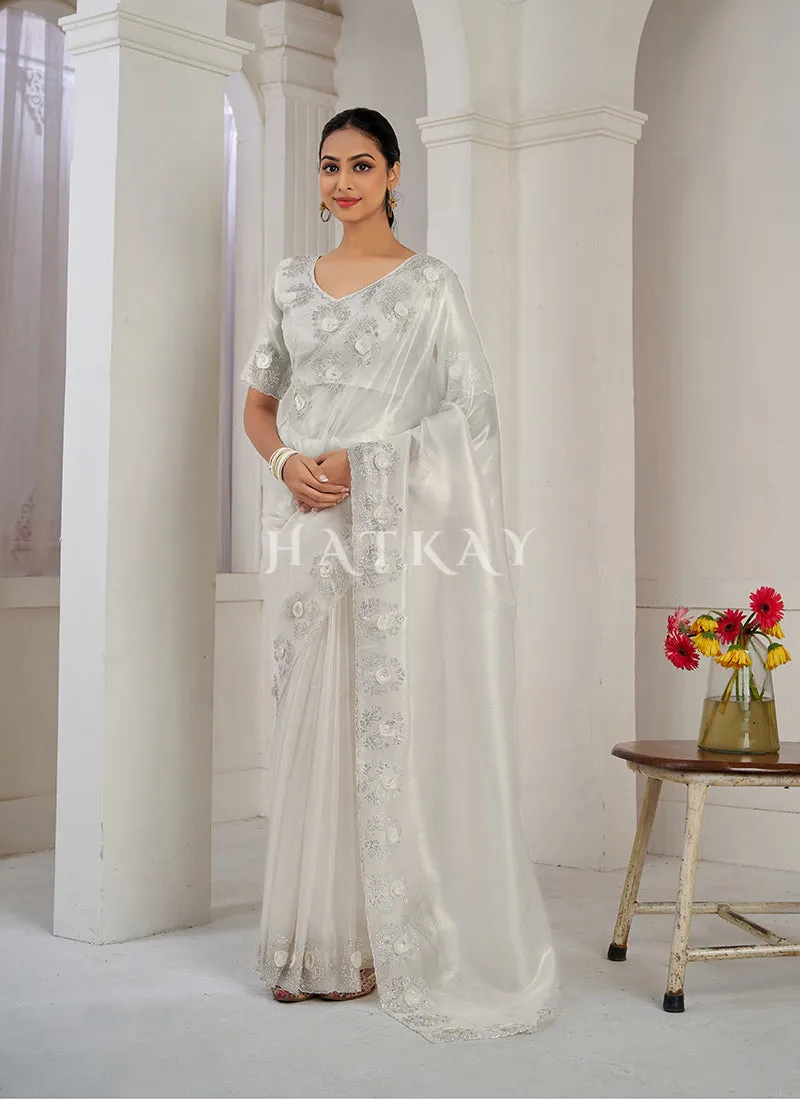 Pearl White Handwork Silk Wedding Saree