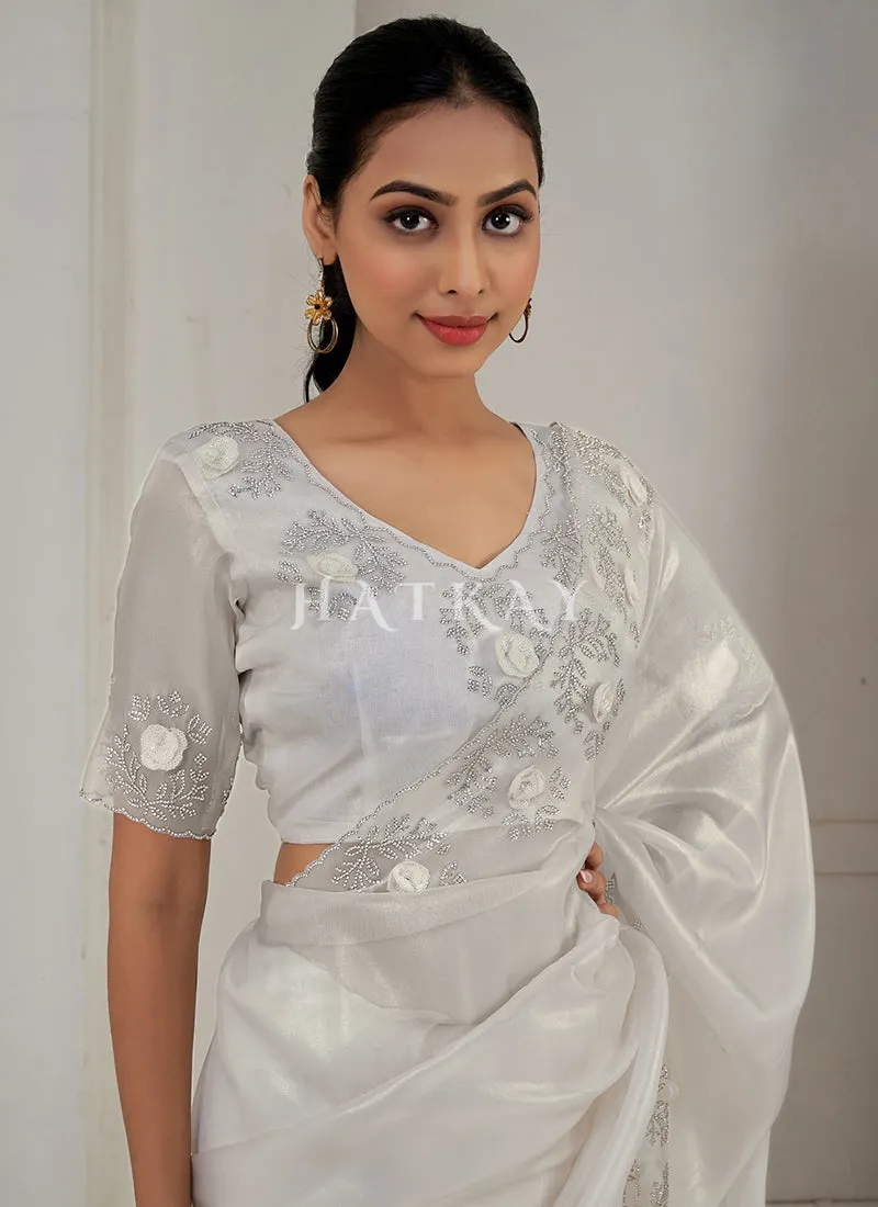 Pearl White Handwork Silk Wedding Saree