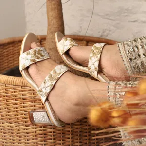 Peer (Gold WHITE WORK strappy crystal transparent block heels)