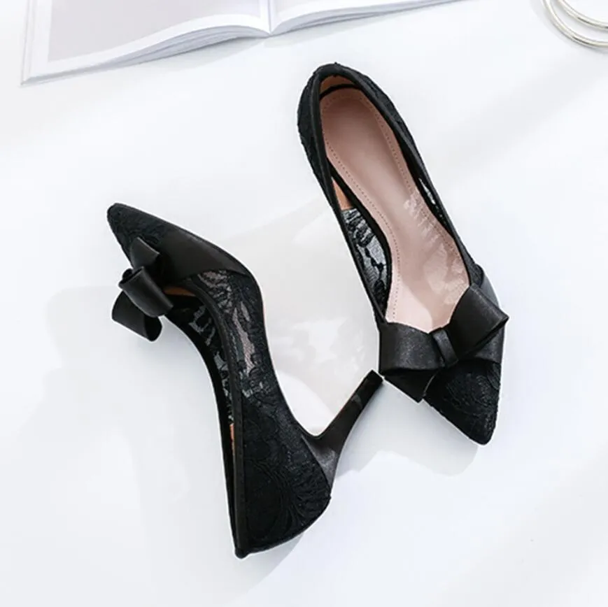 Petite Lace Mesh Heels With Bow Tie GS338