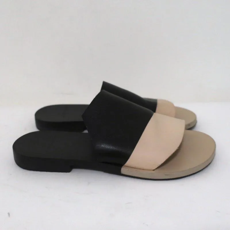 Pierre Hardy Slide Sandals Black & Beige Bicolor Leather Size 37 Open Toe Flat