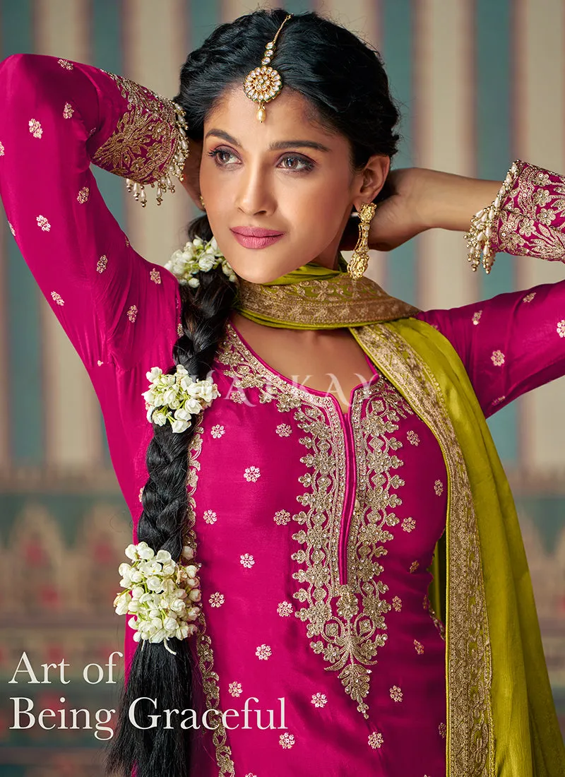 Pink And Green Mirror Work Palazzo Suit
