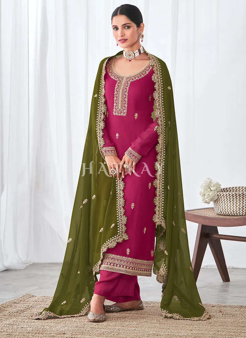 Pink And Green Straight Pant Suit
