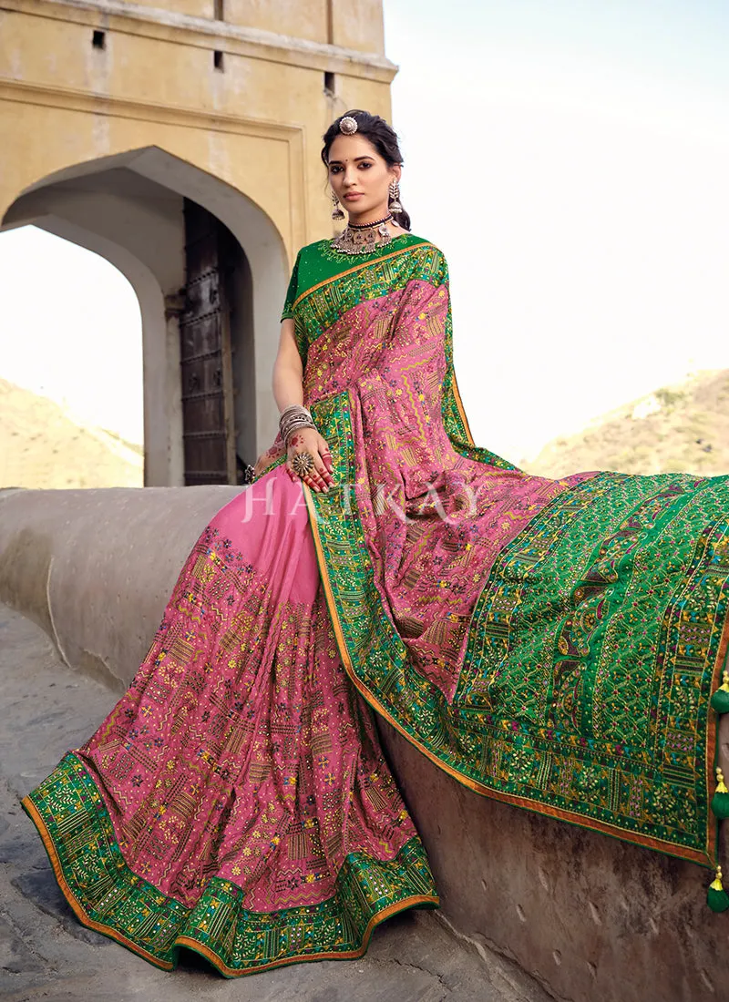 Pink And Green Traditional Embroidered Banarasi Silk Saree