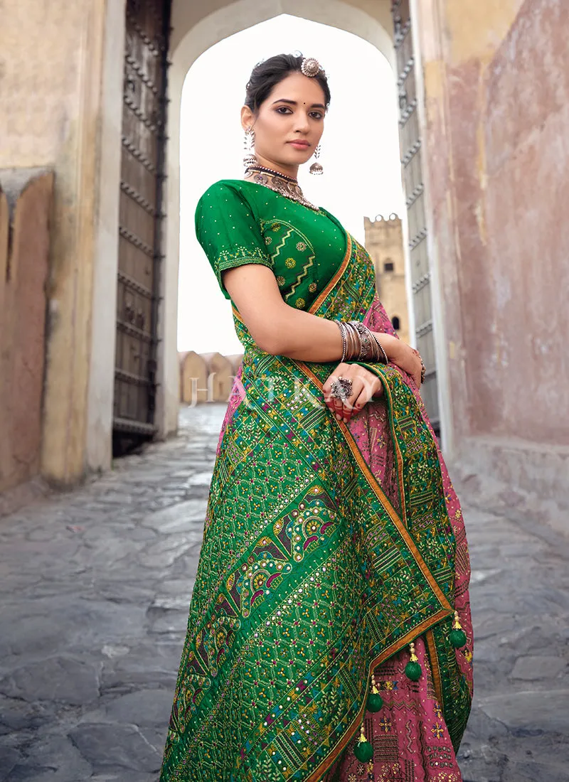 Pink And Green Traditional Embroidered Banarasi Silk Saree
