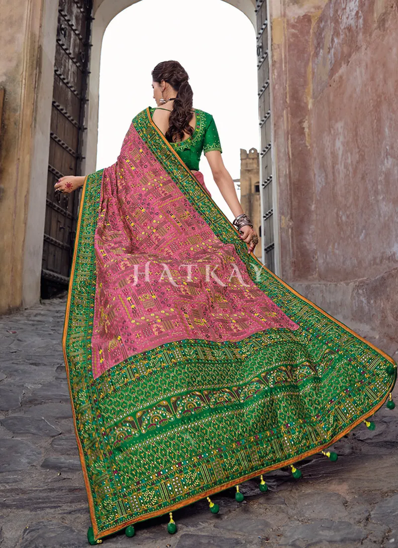 Pink And Green Traditional Embroidered Banarasi Silk Saree