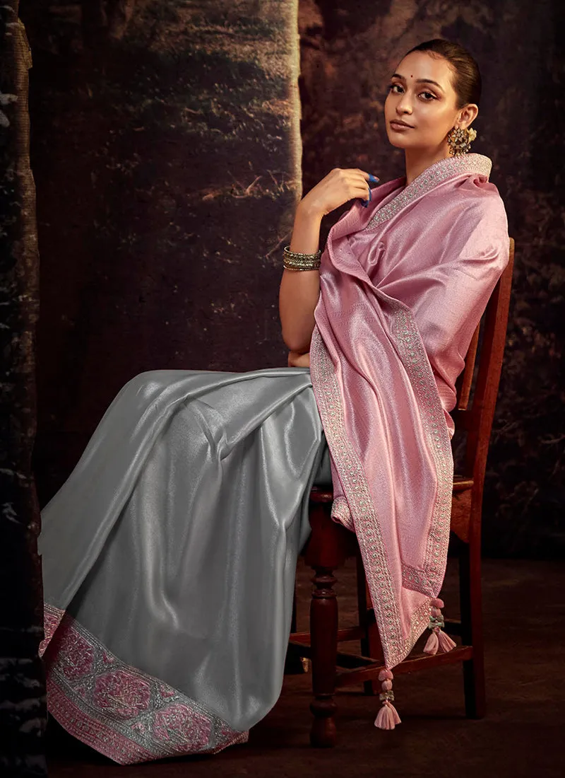 Pink And Ice Blue Embroidered Organza Silk Saree