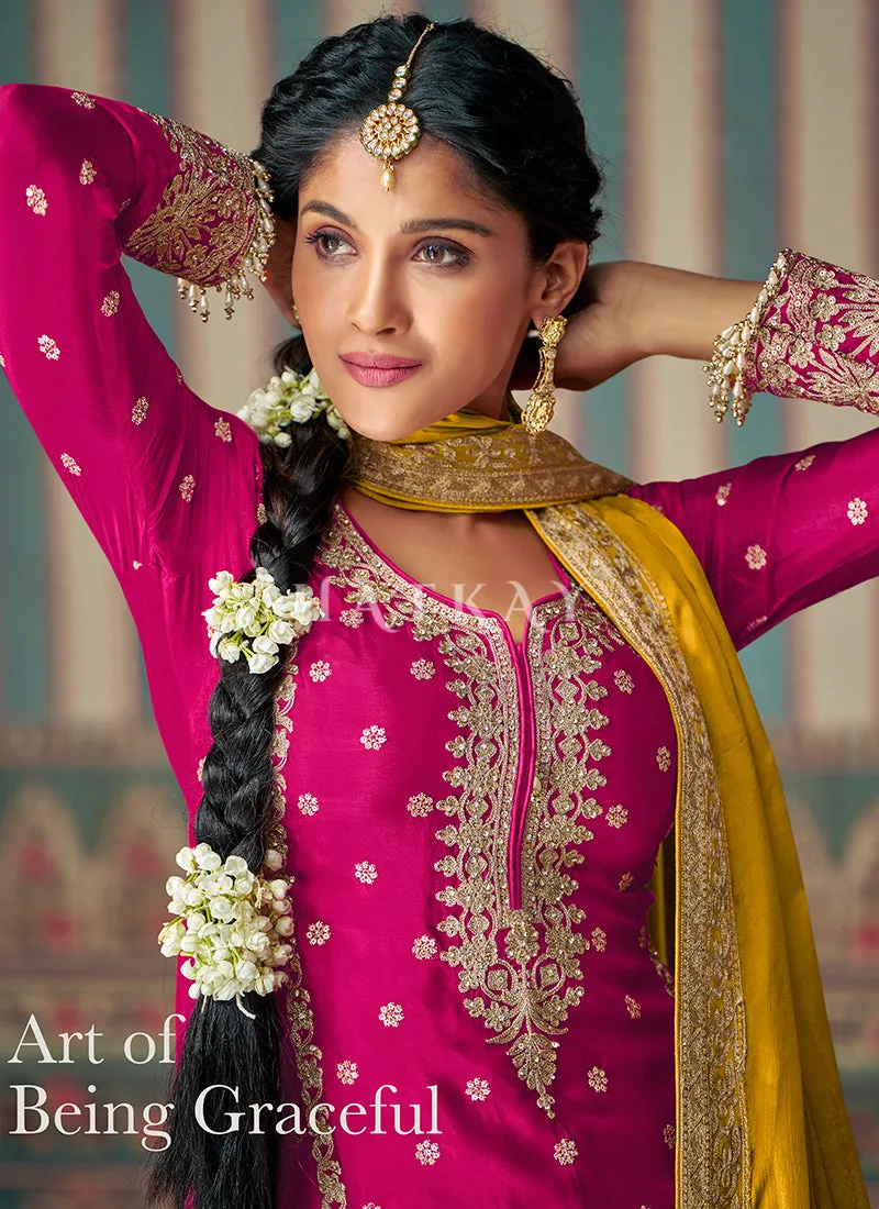 Pink And Yellow Mirror Work Palazzo Suit