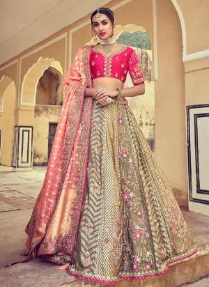 Pink Golden Multi Embroidery Wedding Lehenga Choli