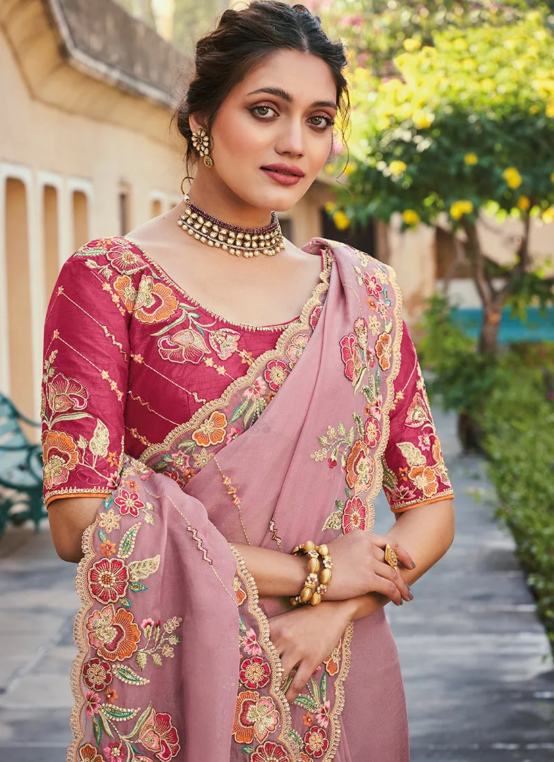 Pink Multi Embroidery Designer Tissue Silk Saree