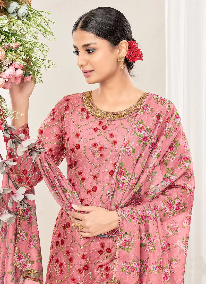 Pink Multi Floral Embroidery Traditional Patiala Suit