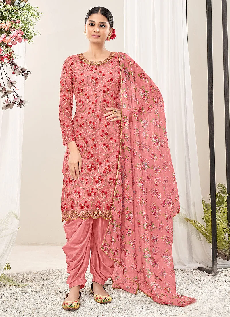 Pink Multi Floral Embroidery Traditional Patiala Suit