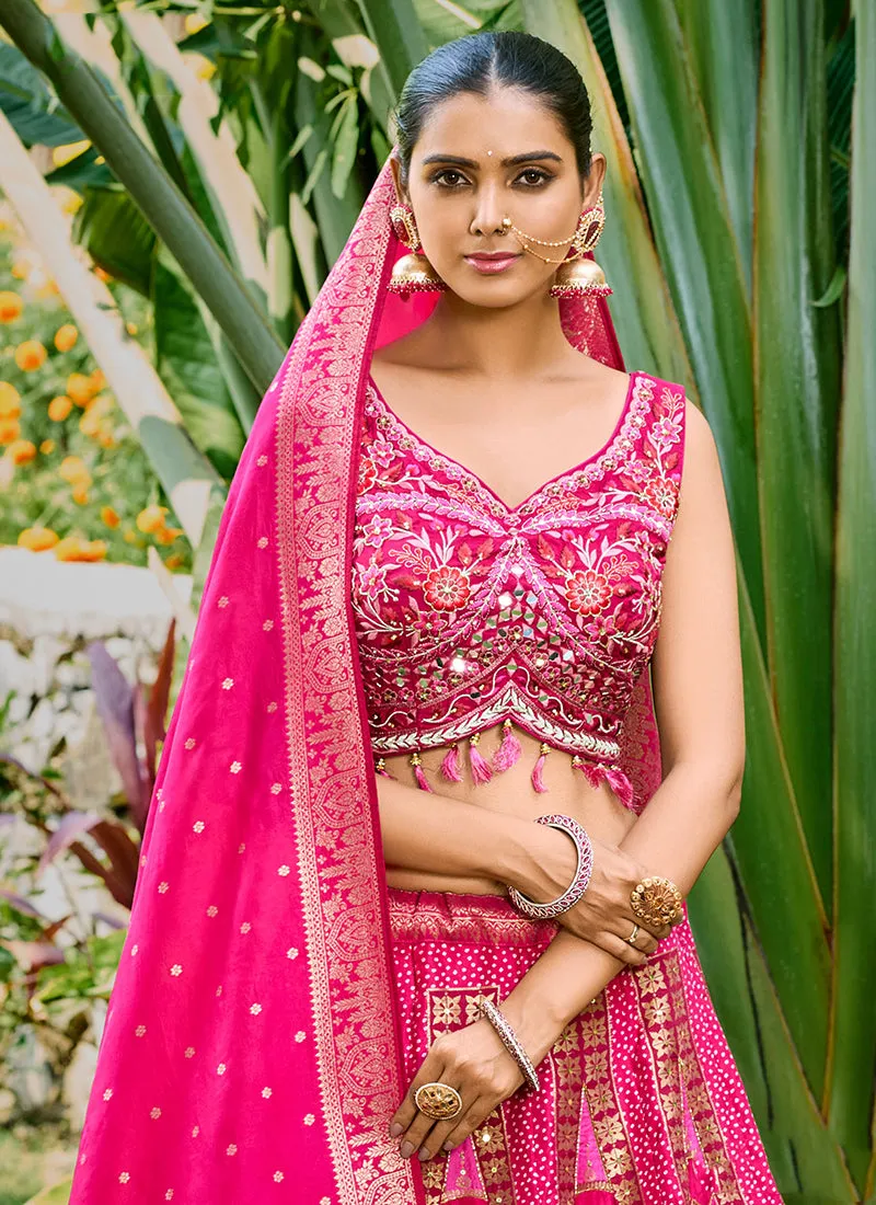 Pink Multi Mirror Work Embroidery Wedding Lehenga Choli