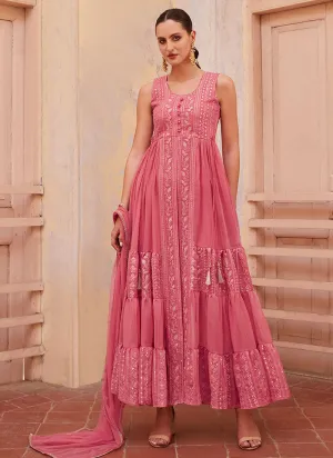 Pink Thread And Sequence Embroidery Slit Style Anarkali Pant Suit