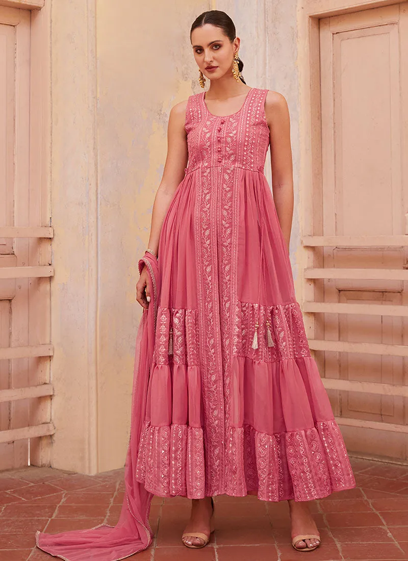 Pink Thread And Sequence Embroidery Slit Style Anarkali Pant Suit