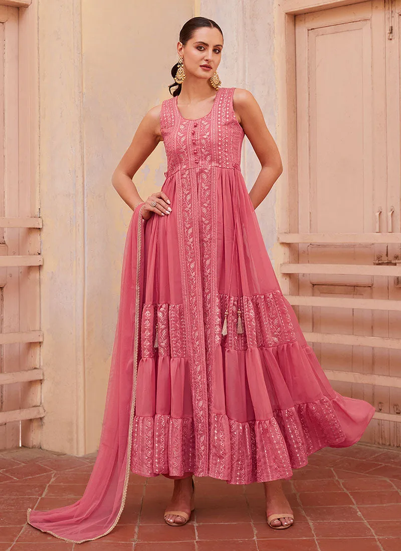 Pink Thread And Sequence Embroidery Slit Style Anarkali Pant Suit