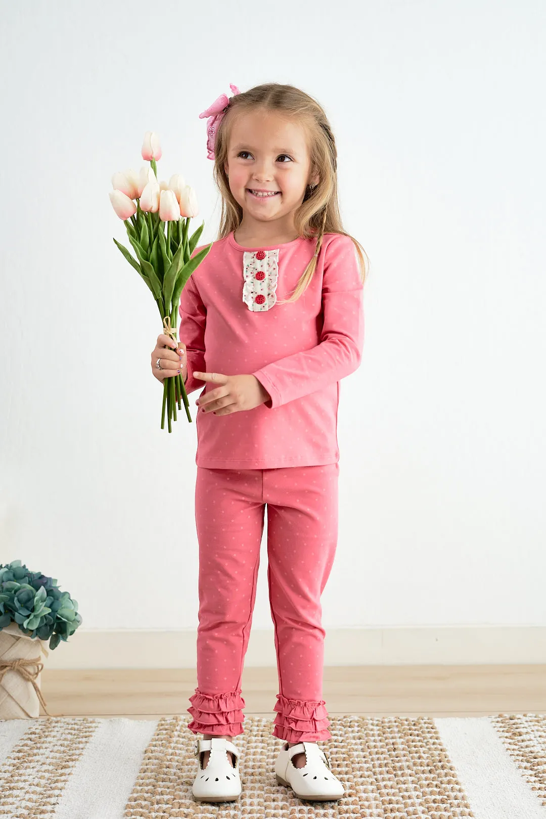 Platinum Pink Dot Ruffle Girl Top