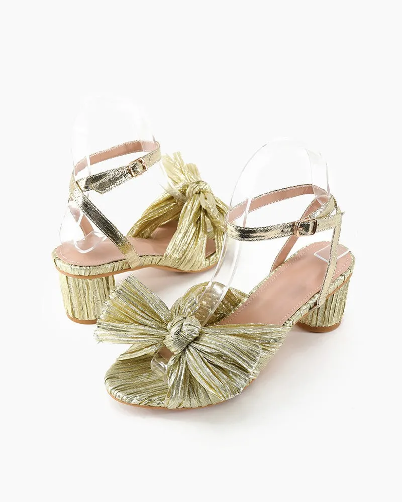 Pleated Bow Open Toe Chunky Block Slingback Heel Sandals