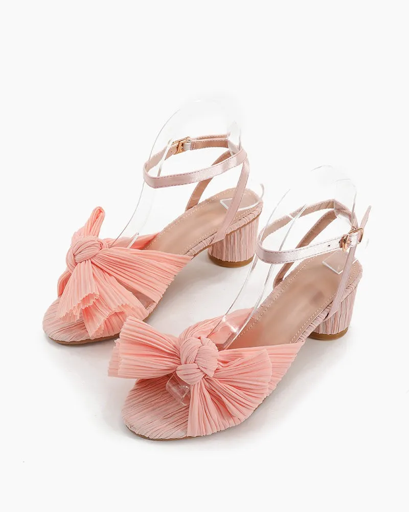 Pleated Bow Open Toe Chunky Block Slingback Heel Sandals