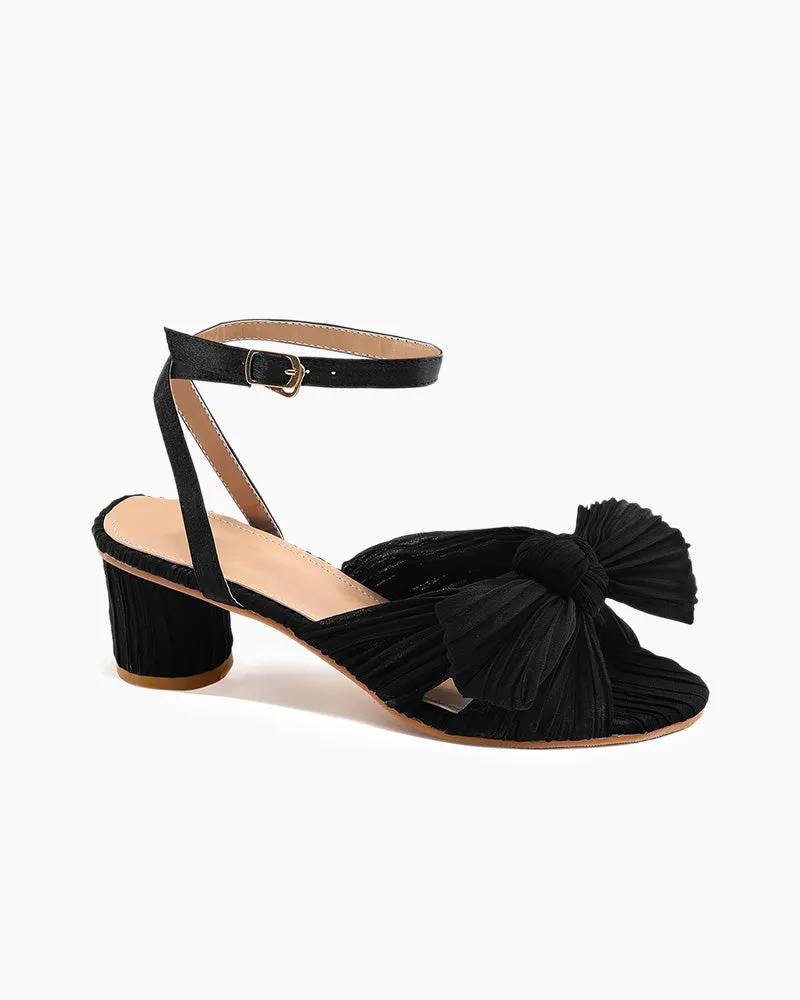 Pleated Bow Open Toe Chunky Block Slingback Heel Sandals