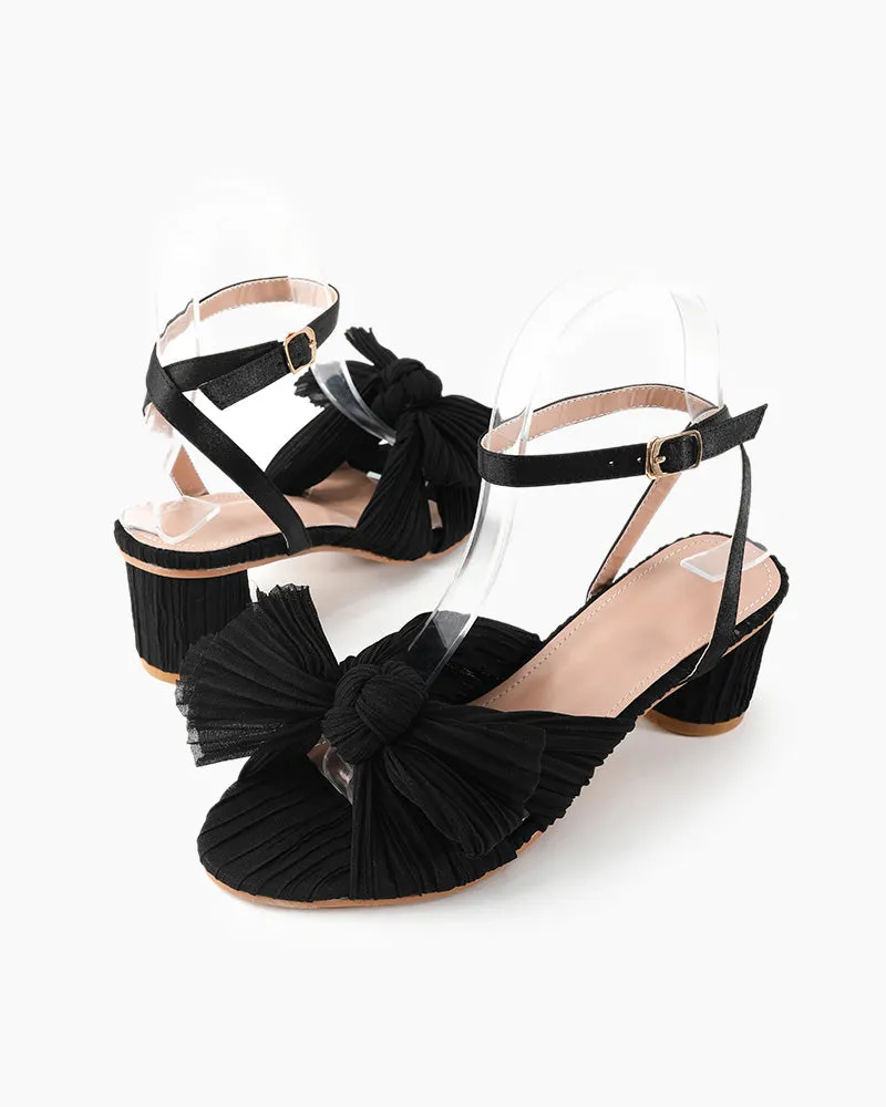 Pleated Bow Open Toe Chunky Block Slingback Heel Sandals