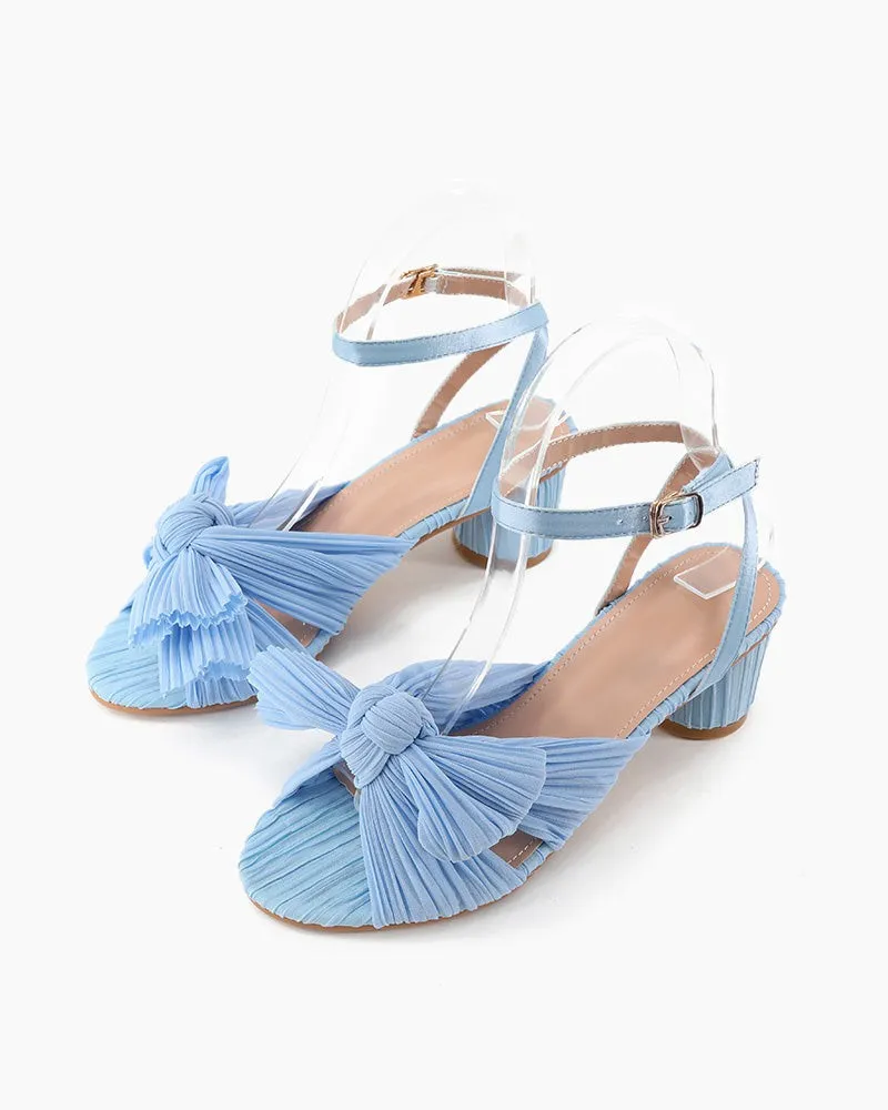 Pleated Bow Open Toe Chunky Block Slingback Heel Sandals