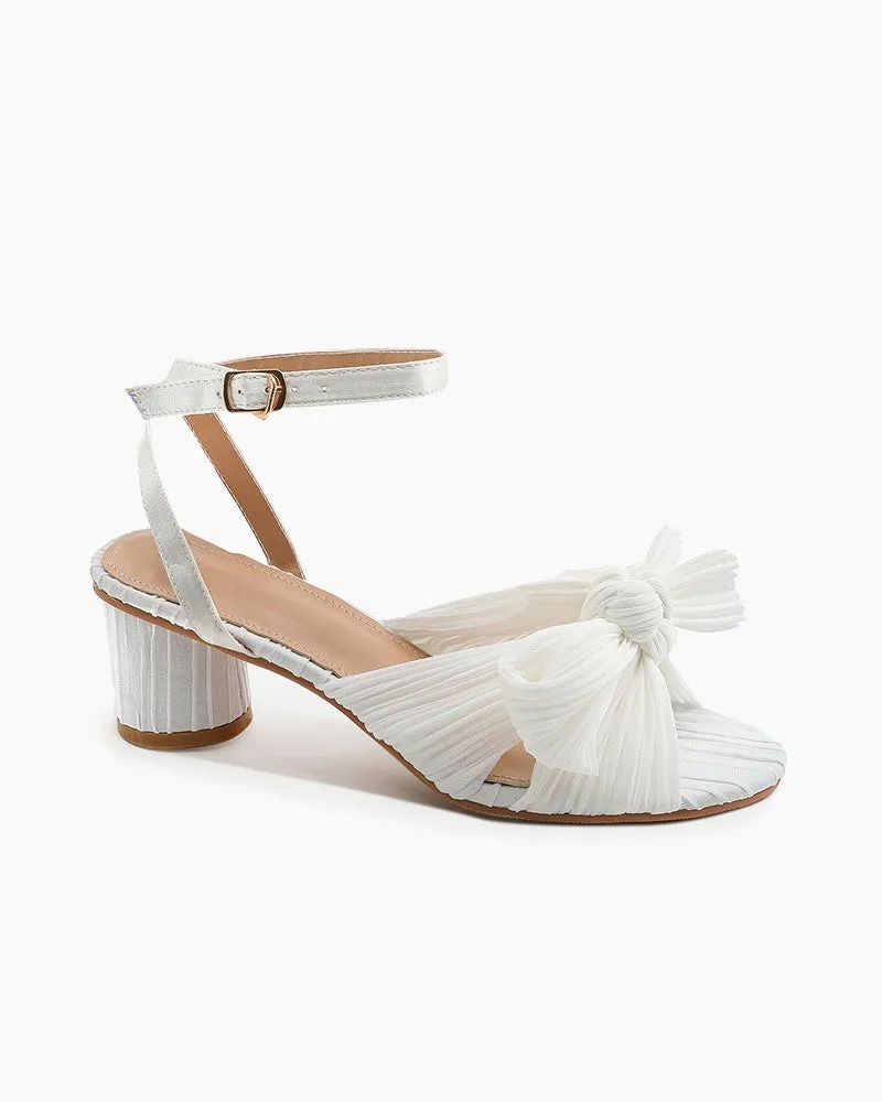 Pleated Bow Open Toe Chunky Block Slingback Heel Sandals