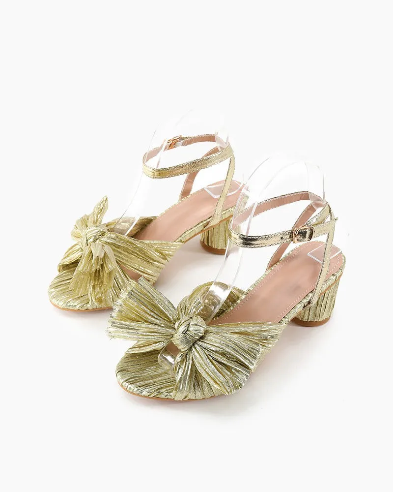 Pleated Bow Open Toe Chunky Block Slingback Heel Sandals