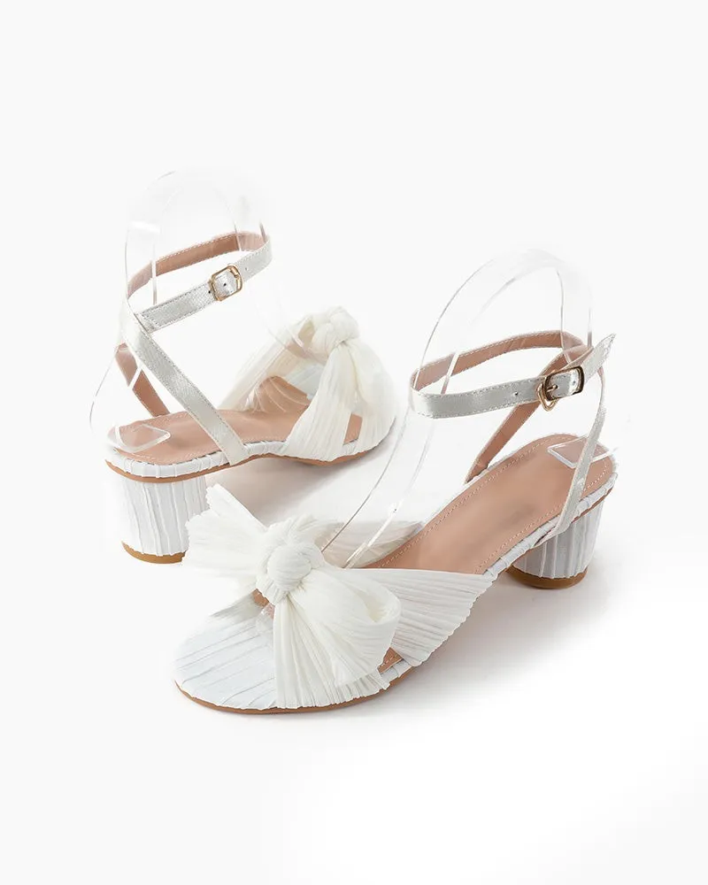 Pleated Bow Open Toe Chunky Block Slingback Heel Sandals