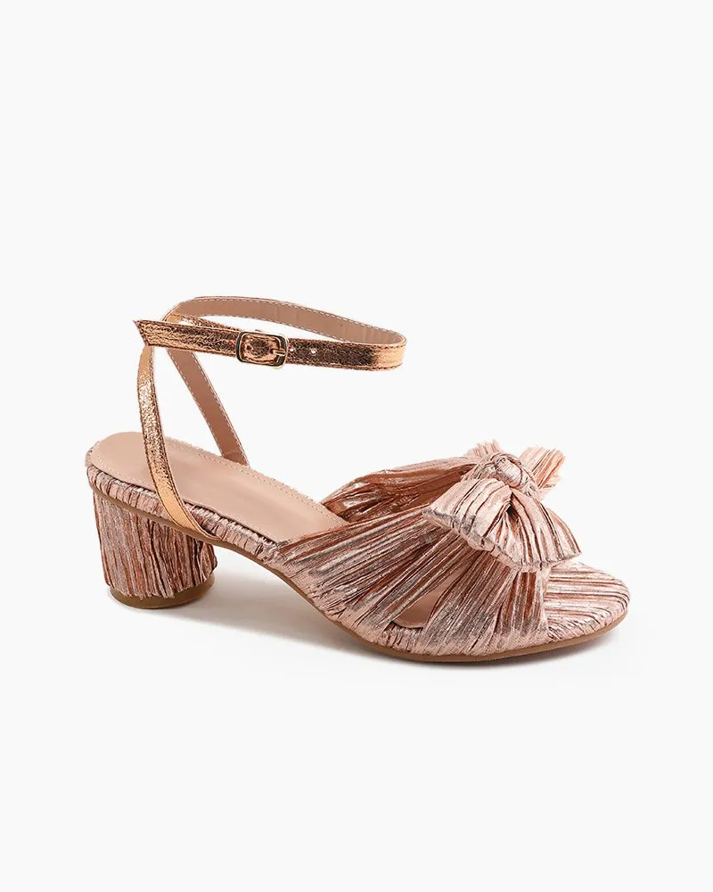 Pleated Bow Open Toe Chunky Block Slingback Heel Sandals