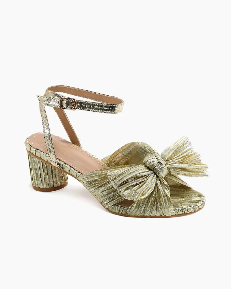 Pleated Bow Open Toe Chunky Block Slingback Heel Sandals