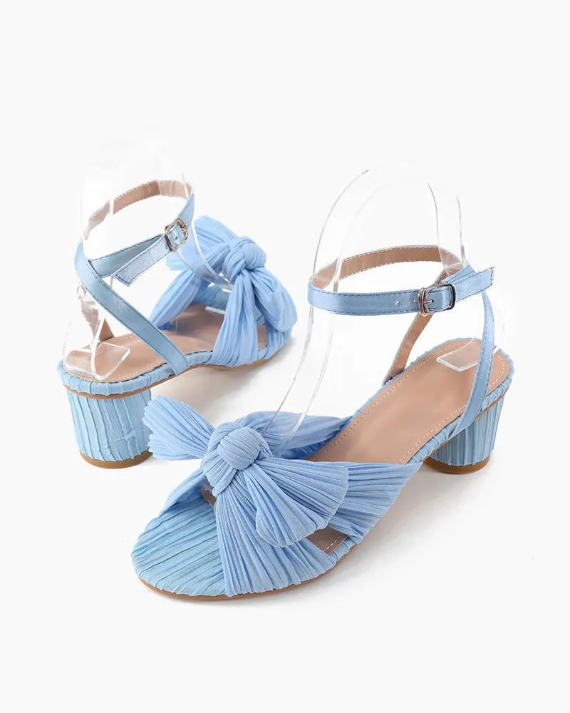 Pleated Bow Open Toe Chunky Block Slingback Heel Sandals