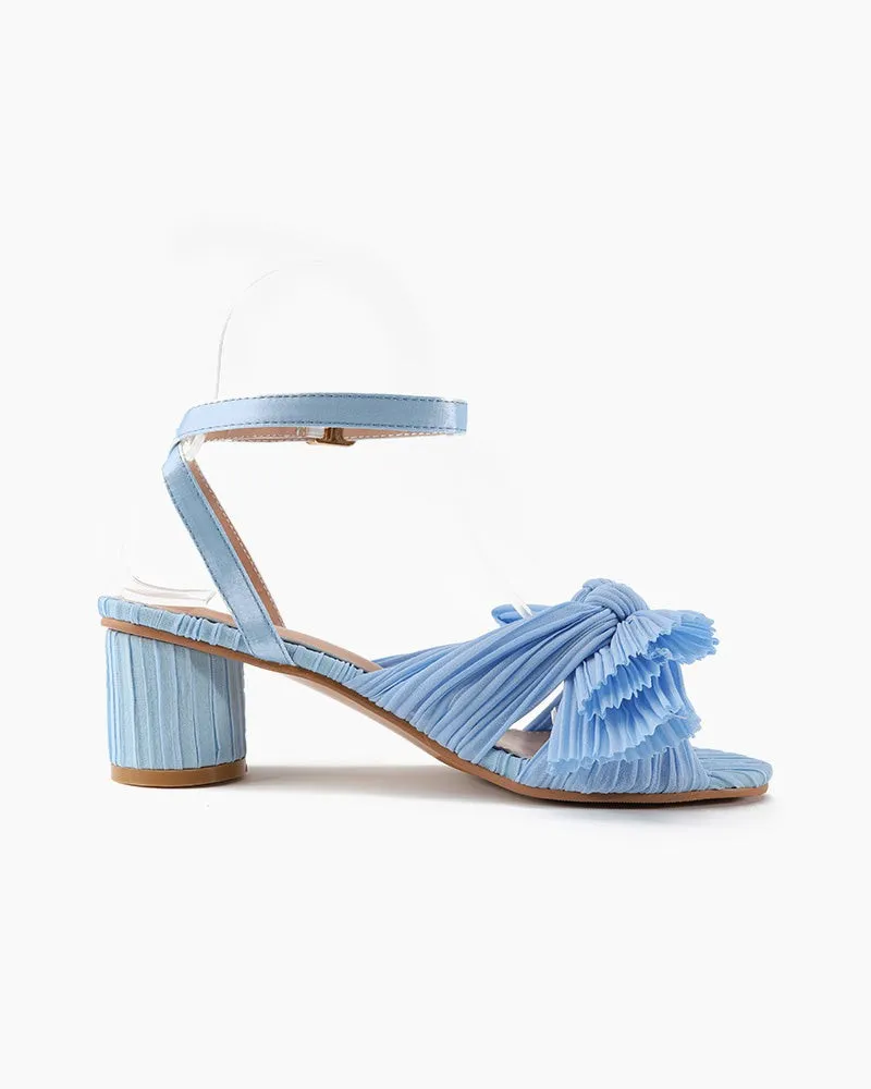 Pleated Bow Open Toe Chunky Block Slingback Heel Sandals