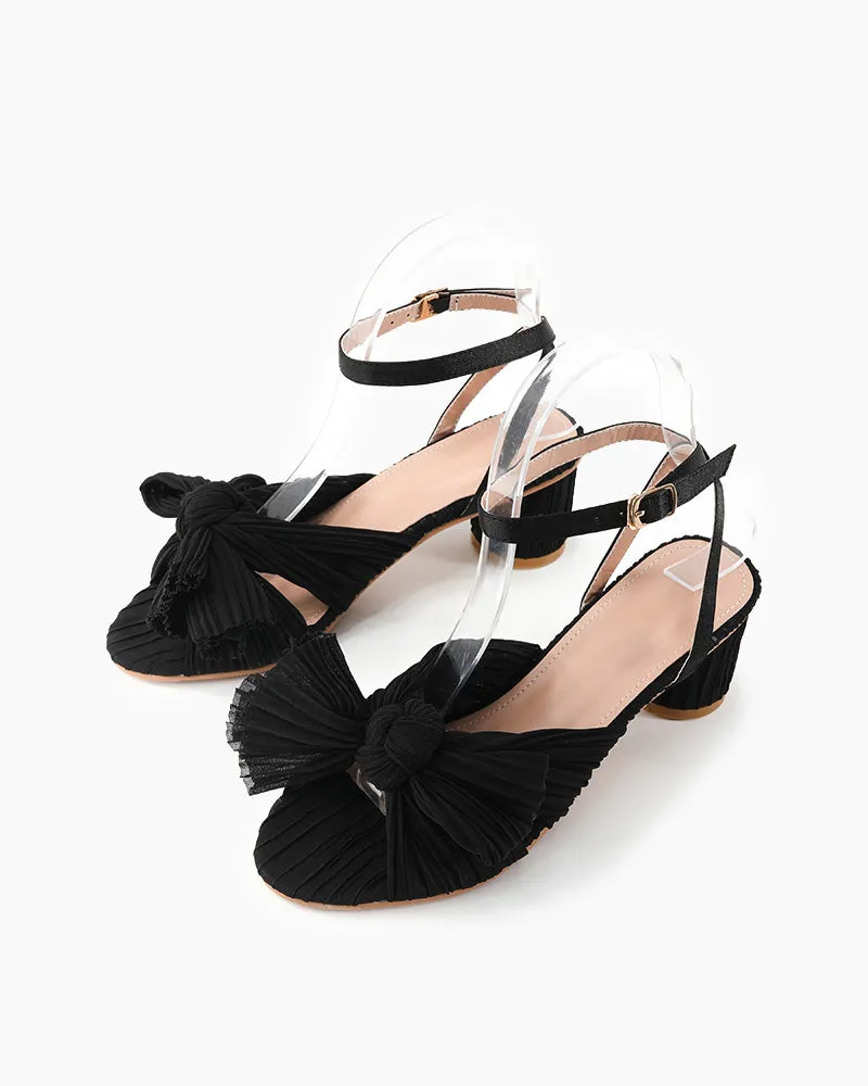 Pleated Bow Open Toe Chunky Block Slingback Heel Sandals