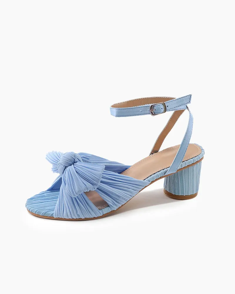 Pleated Bow Open Toe Chunky Block Slingback Heel Sandals