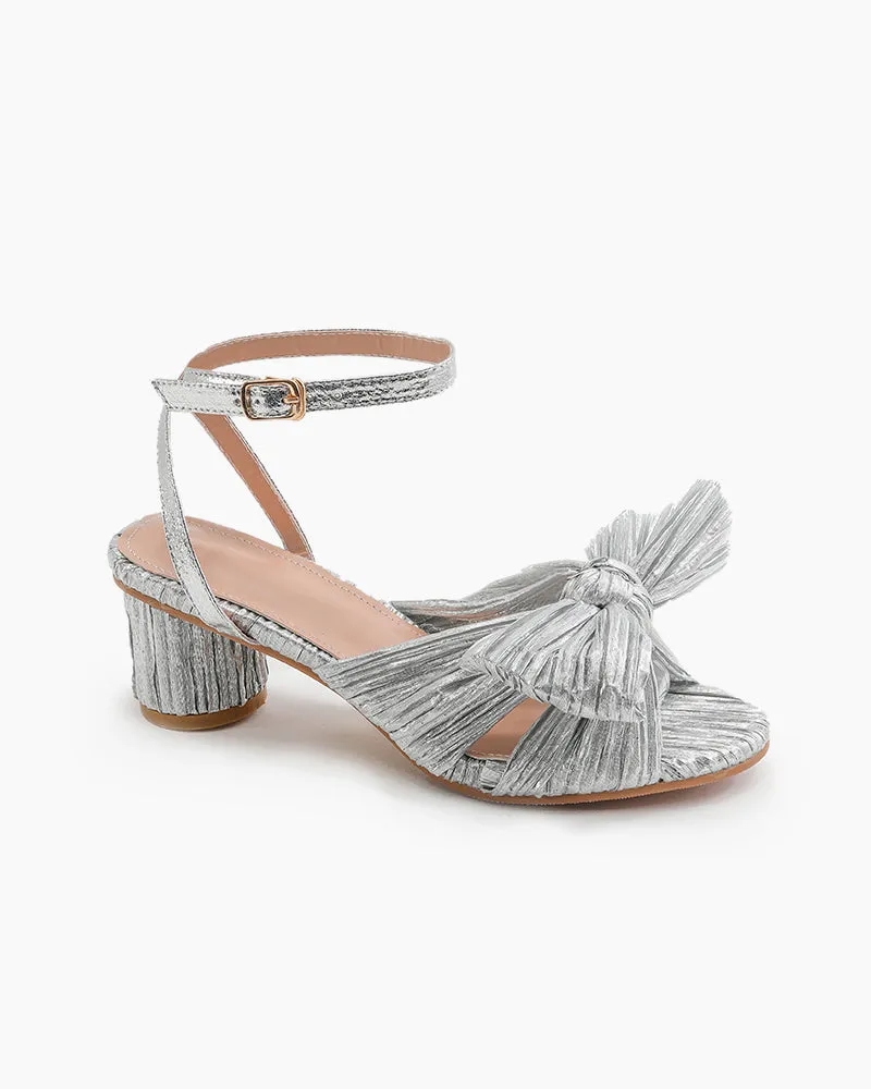 Pleated Bow Open Toe Chunky Block Slingback Heel Sandals