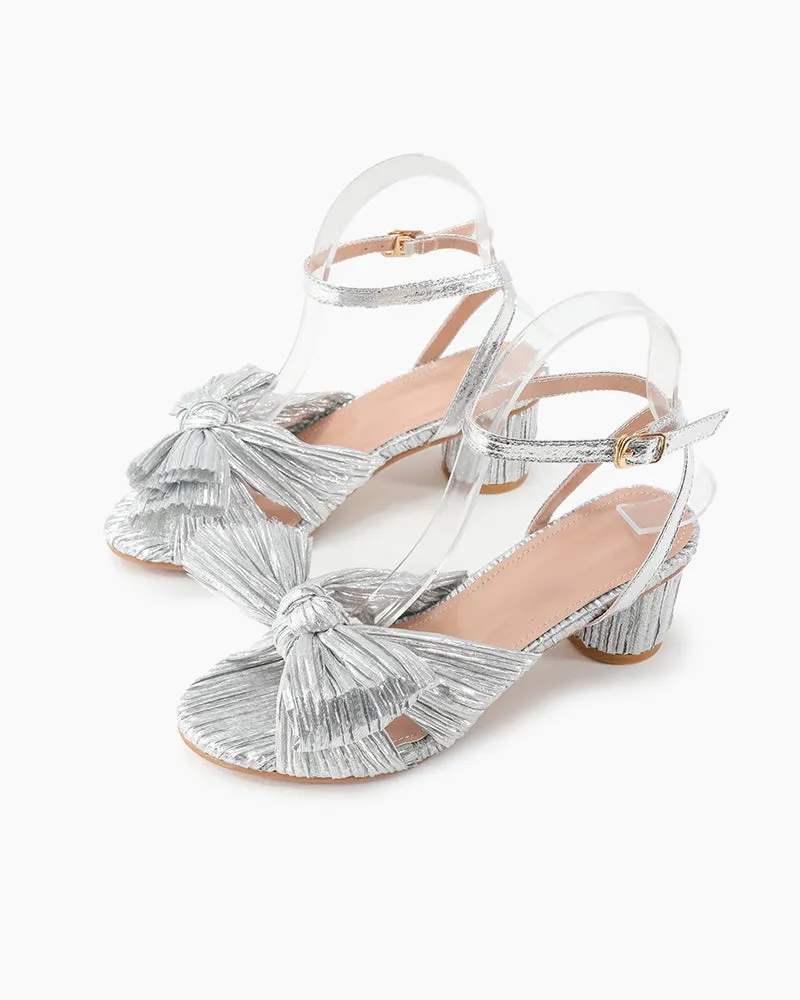 Pleated Bow Open Toe Chunky Block Slingback Heel Sandals