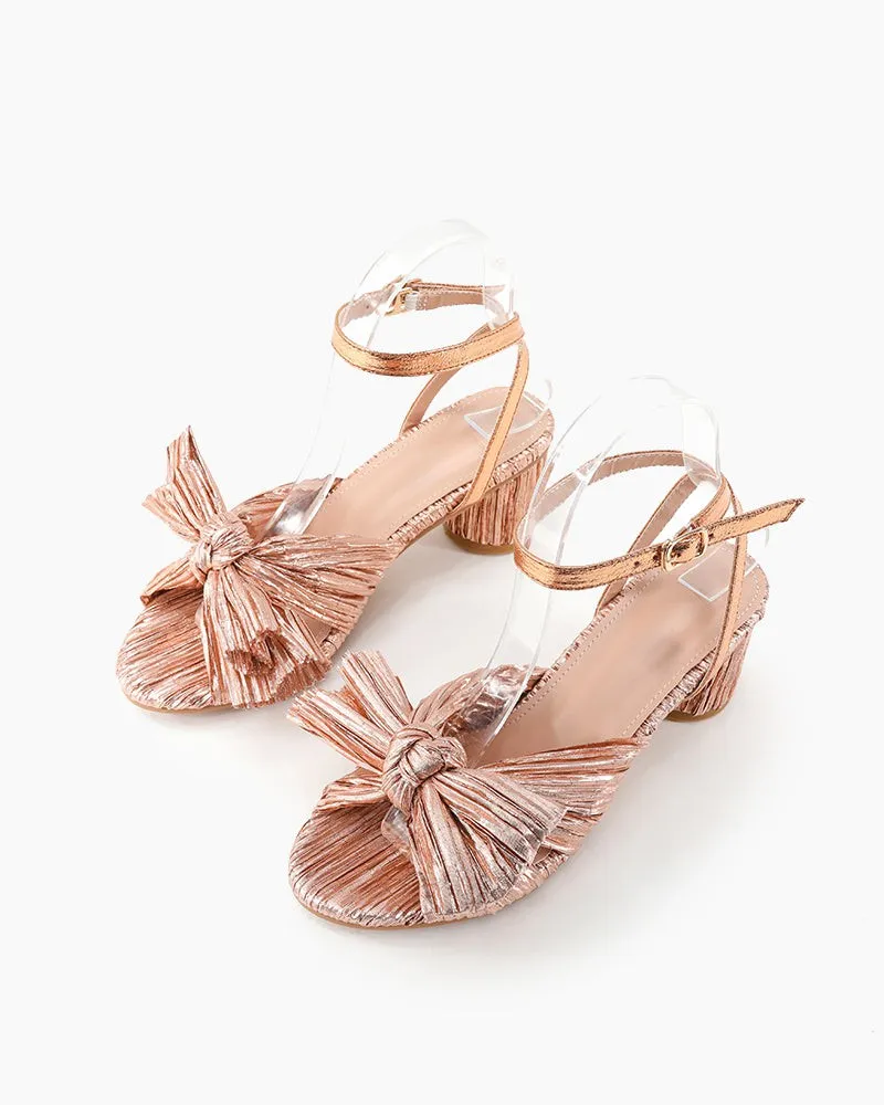 Pleated Bow Open Toe Chunky Block Slingback Heel Sandals