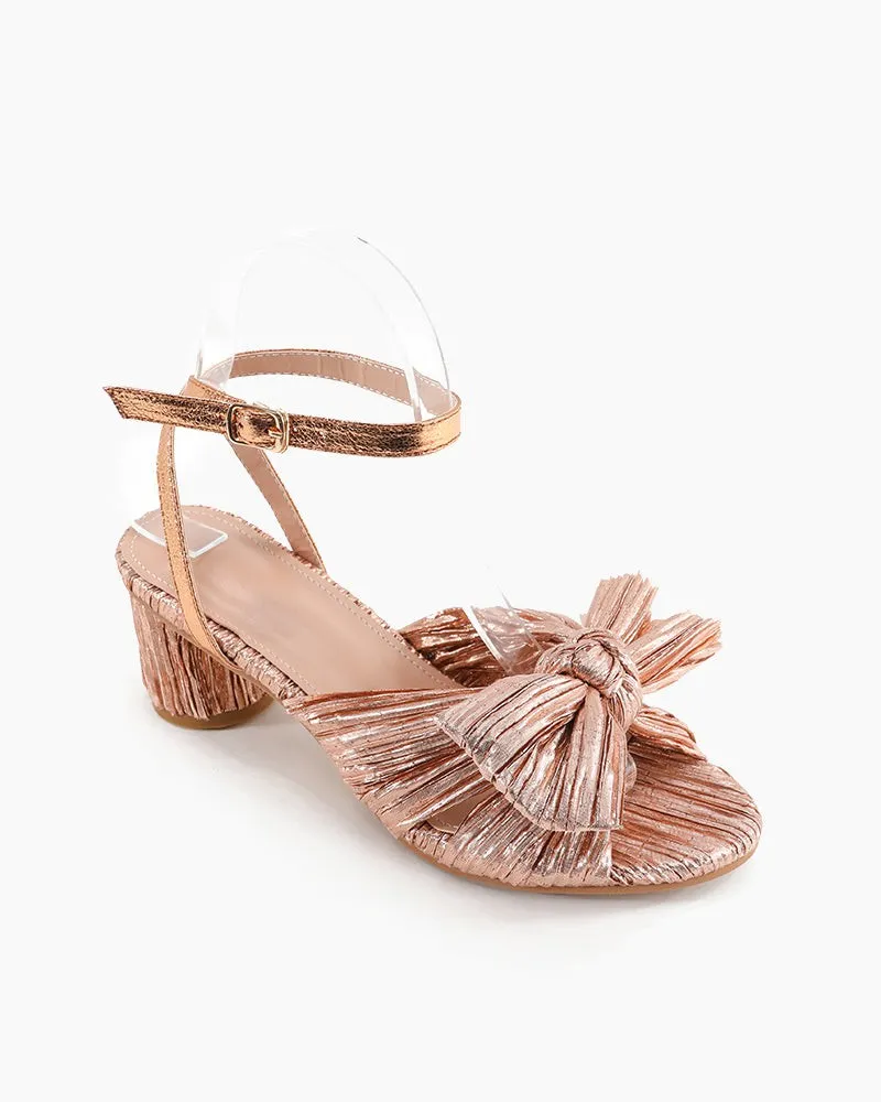 Pleated Bow Open Toe Chunky Block Slingback Heel Sandals
