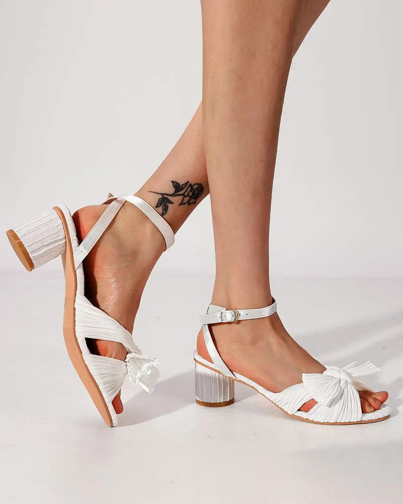 Pleated Bow Open Toe Chunky Block Slingback Heel Sandals