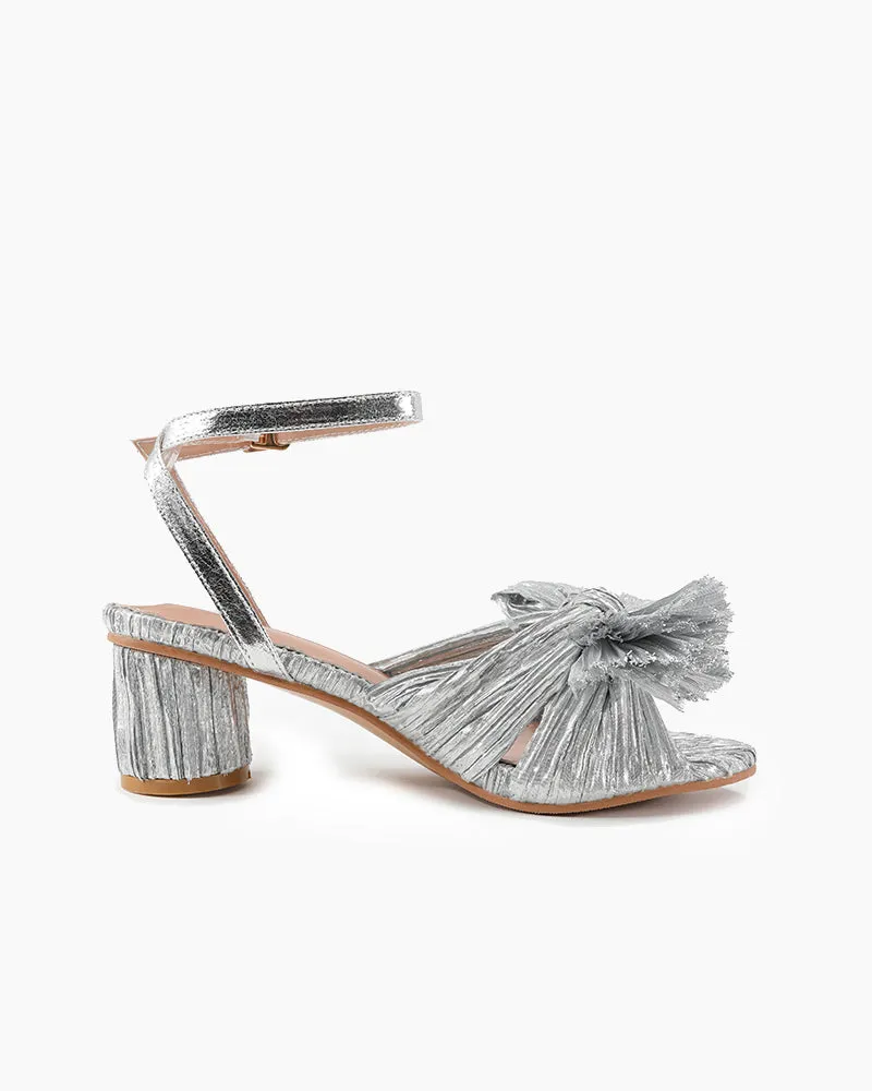 Pleated Bow Open Toe Chunky Block Slingback Heel Sandals