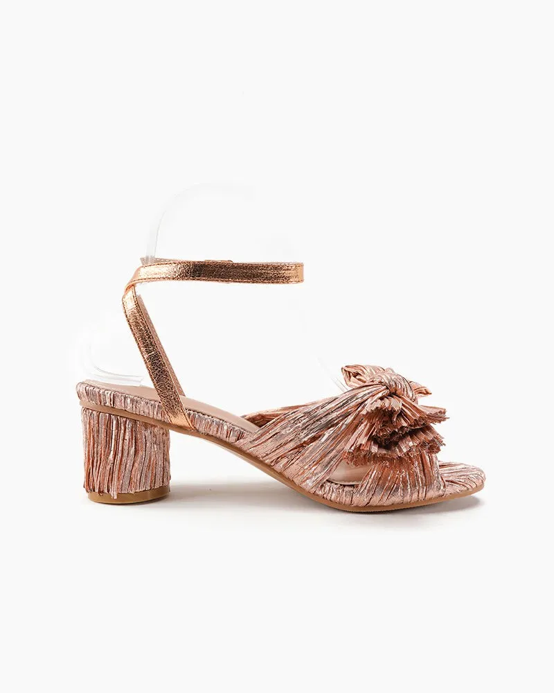 Pleated Bow Open Toe Chunky Block Slingback Heel Sandals
