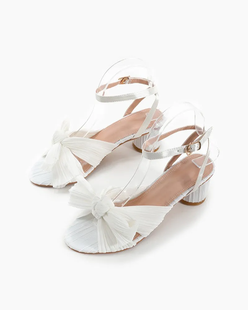 Pleated Bow Open Toe Chunky Block Slingback Heel Sandals
