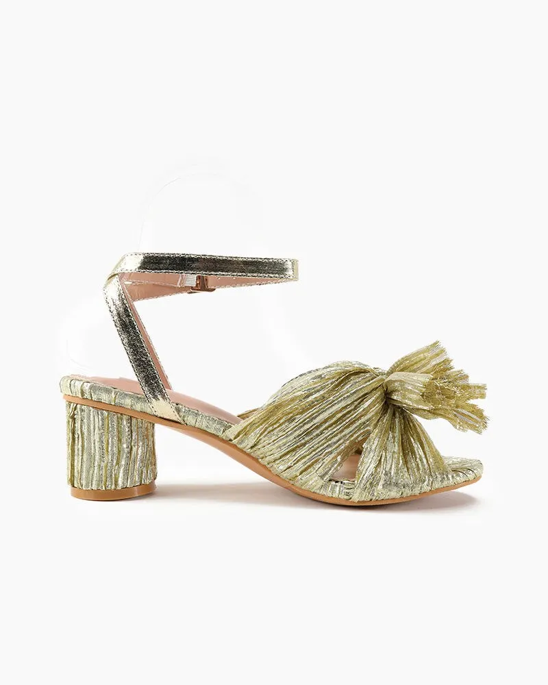 Pleated Bow Open Toe Chunky Block Slingback Heel Sandals