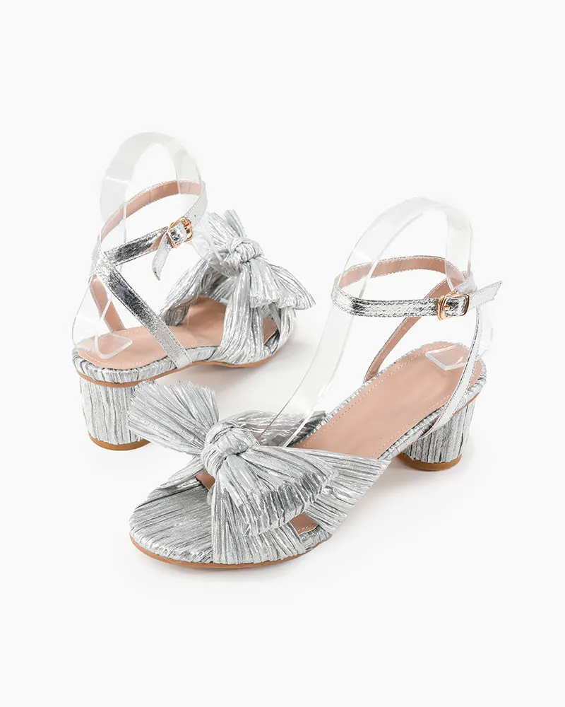 Pleated Bow Open Toe Chunky Block Slingback Heel Sandals